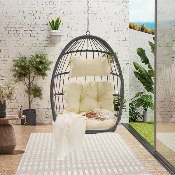 : Outdoor Garden Rattan Egg Swing Chair, Hanging Chair with Wooden Stand, Dark Blue Cushion