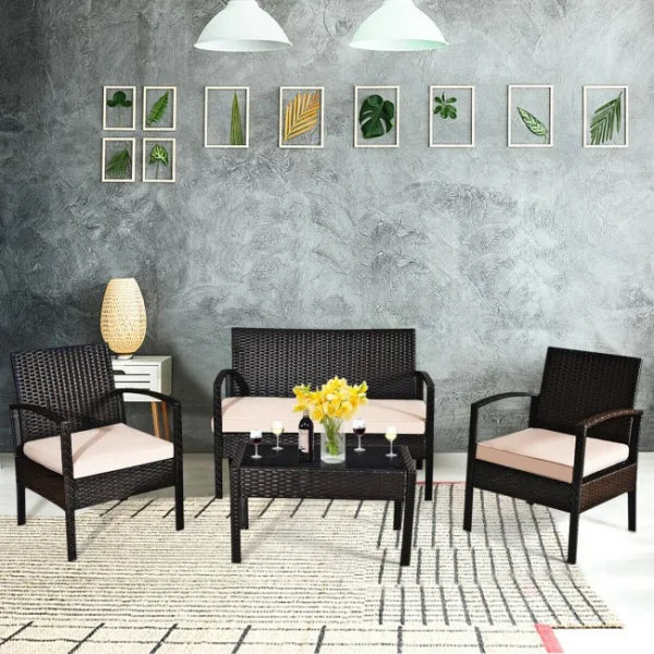 4 Piece Patio Furniture Sets Rattan Chair Wicker Set Outdoor Bistro