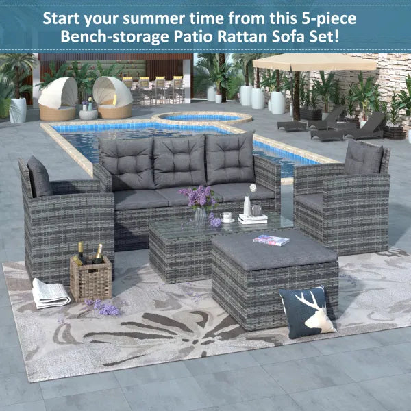 5-piece Gray Outdoor Patio Sofa Set with Storage Bench All Weather PE Wicker Furniture Conversation Set with Glass Table