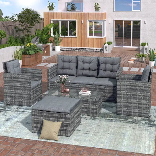 5-piece Gray Outdoor Patio Sofa Set with Storage Bench All Weather PE Wicker Furniture Conversation Set with Glass Table