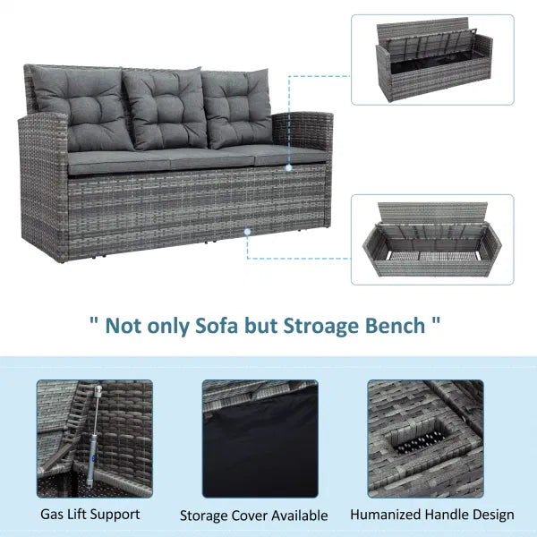 5-piece Gray Outdoor Patio Sofa Set with Storage Bench All Weather PE Wicker Furniture Conversation Set with Glass Table