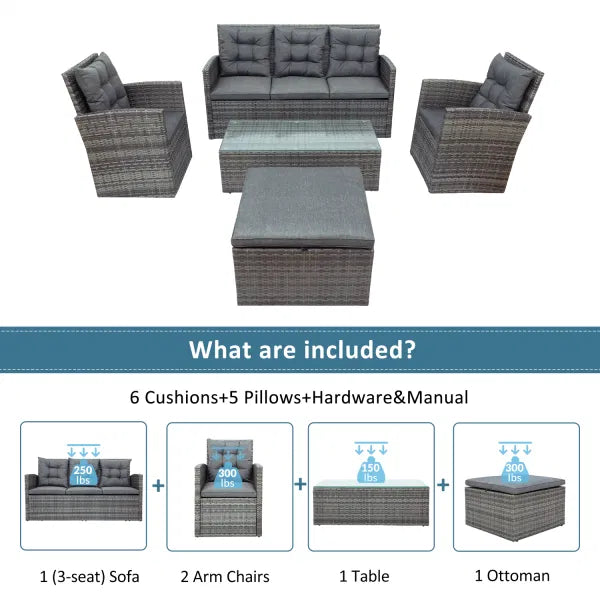 5-piece Gray Outdoor Patio Sofa Set with Storage Bench All Weather PE Wicker Furniture Conversation Set with Glass Table