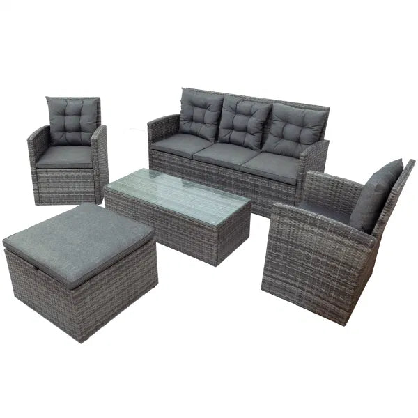 5-piece Gray Outdoor Patio Sofa Set with Storage Bench All Weather PE Wicker Furniture Conversation Set with Glass Table