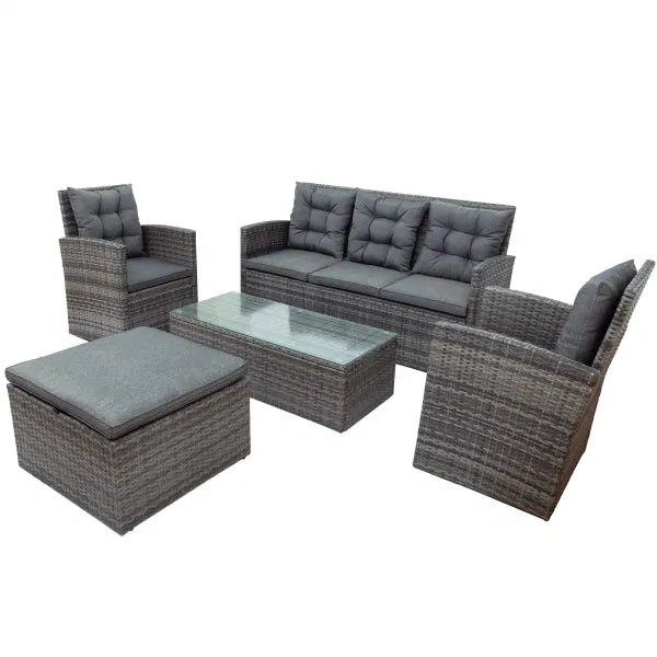 5-piece Gray Outdoor Patio Sofa Set with Storage Bench All Weather PE Wicker Furniture Conversation Set with Glass Table