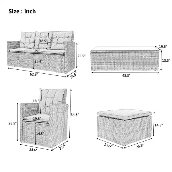 5-piece Gray Outdoor Patio Sofa Set with Storage Bench All Weather PE Wicker Furniture Conversation Set with Glass Table