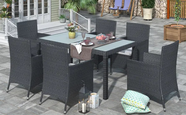 7-piece Outdoor Wicker Dining Set with Beige Cushions