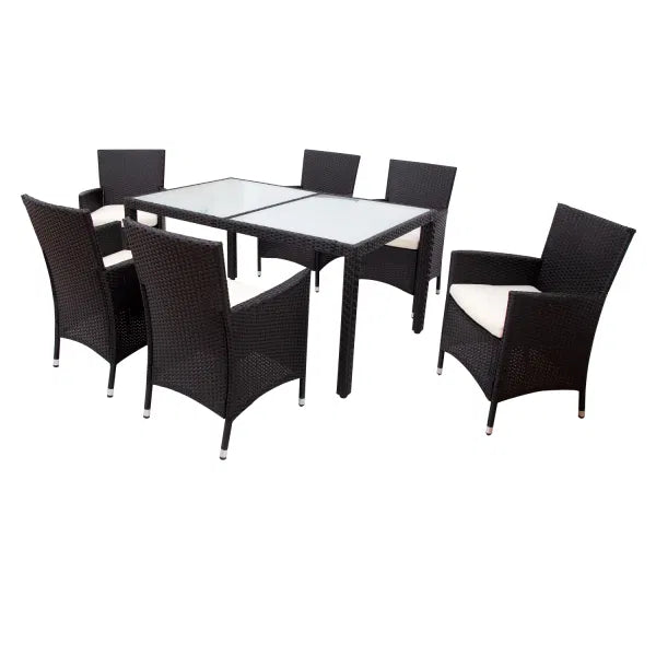 7-piece Outdoor Wicker Dining Set with Beige Cushions