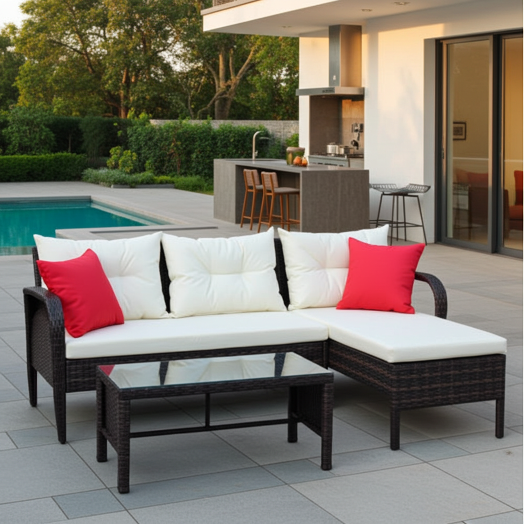 3-piece Conversation set Wicker Rattan Sectional Sofa With Beige Cushions