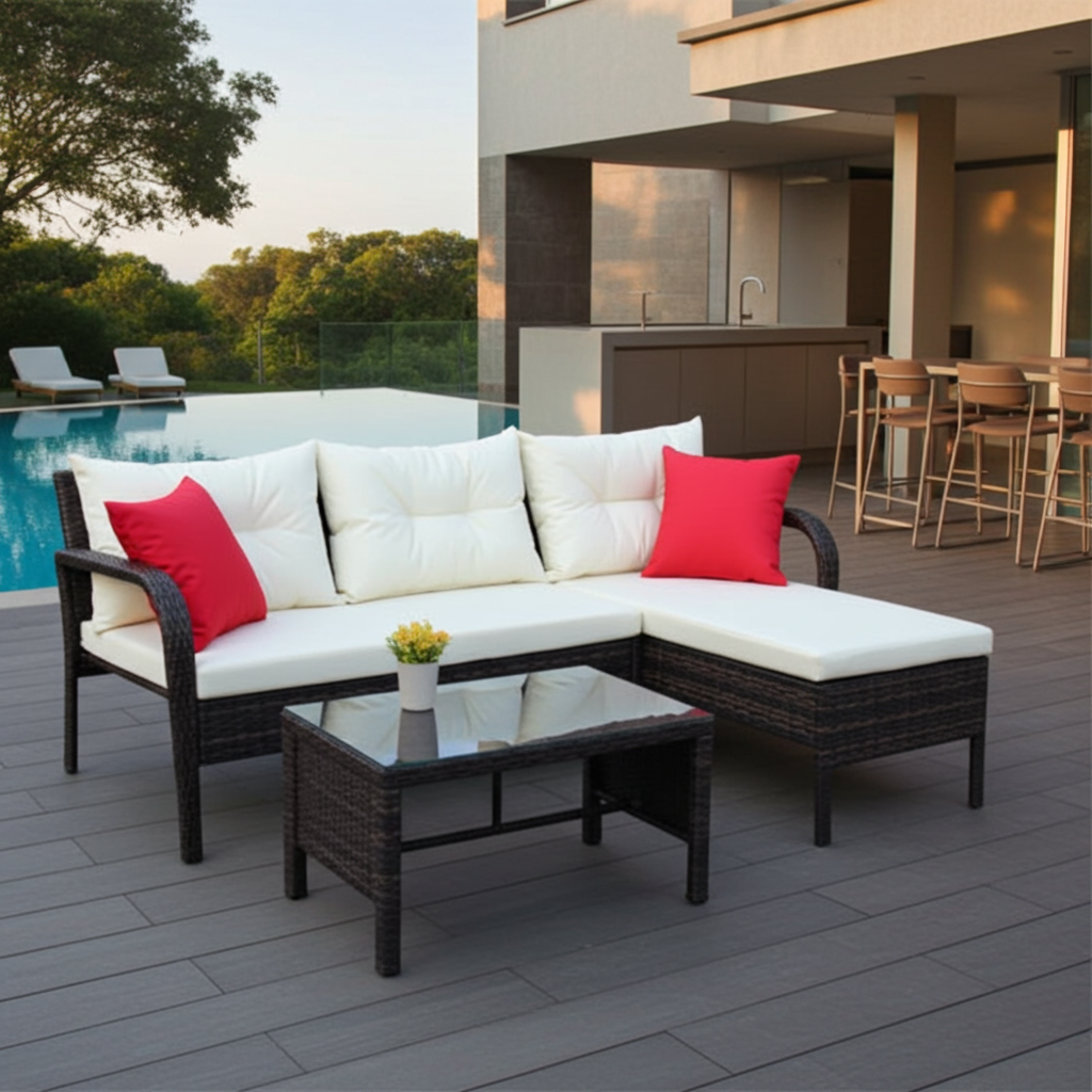 3-piece Conversation set Wicker Rattan Sectional Sofa With Beige Cushions