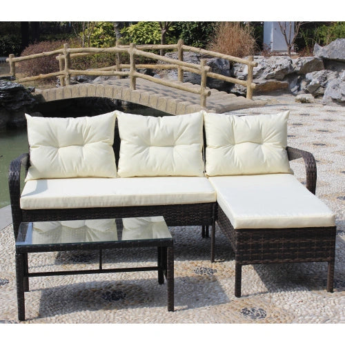 3-piece Conversation set Wicker Rattan Sectional Sofa With Beige Cushions