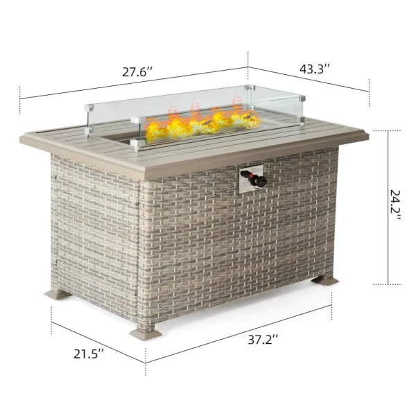 Outdoor Wicker Gas Fire Table, Patio Propane Gas Fire Pit w Aluminum Tabletop,Glass Wind Guard