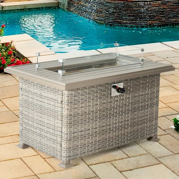 Outdoor Wicker Gas Fire Table, Patio Propane Gas Fire Pit w Aluminum Tabletop,Glass Wind Guard